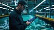 © Sasa Visual - A fish farm worker checks data on a tablet while overseeing fish tanks in a high-tech aquaculture environment