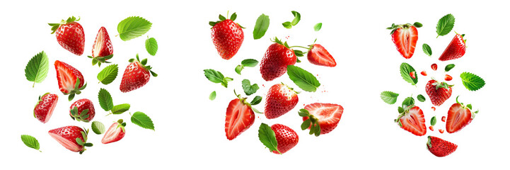 Wall Mural - Strawberry with half slices falling or floating in the air with green leaves Isolated on a transparent background