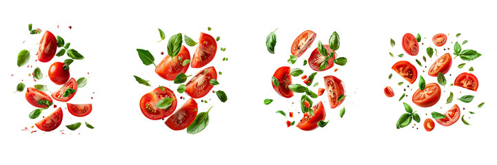 Wall Mural - Tomato with half slices falling or floating in the air with green leaves Isolated on a transparent background