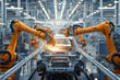 © Martinesku - Car manufactory, robot assembly line in car factory. Modern vehicle production, plant process. Automobile production. Automotive industry