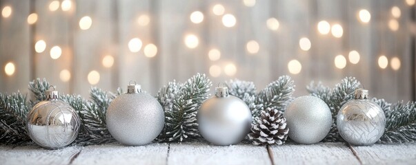 Canvas Print - Silver christmas balls resting on a snowy surface with twinkling lights