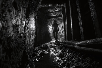 Coal mine worker walking through underground dark lighted tunnel