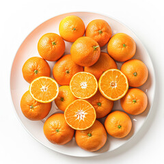 Wall Mural - A plate of oranges with some of them cut in half. The oranges are arranged in a circle on a white background