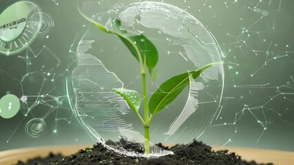 Digital elements and particles over green plant shoot. Ecology, environment, green energy, biotechnology concept. Ai-generated.