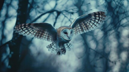 Wall Mural - A barn owl in flight over dense woods at sunset