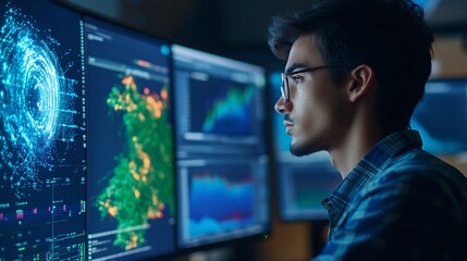 A focused individual analyzing data on multiple screens in a tech environment.