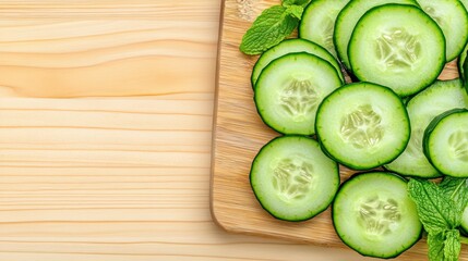 Sticker - A cutting board with sliced cucumbers and mint leaves on it, AI