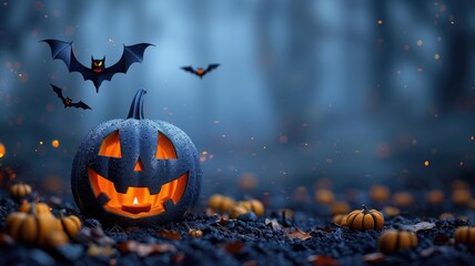 Funny Halloween pumpkin burning in outside in a blue forest.  copy space.