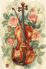 Wall Mural - Romantic Viola with Rose Flowers. Hand-painted Watercolor Illustration for a Musical Melody Celebration