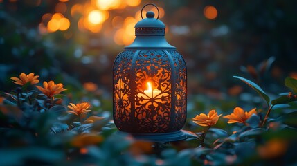 Wall Mural - Beautiful lantern illuminating the garden at sunset