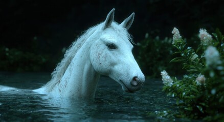 Poster - Majestic white horse in serene forest pond