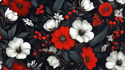 Canvas Print - Red and white flowers seamless pattern on dark background