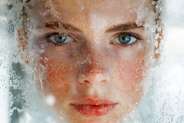 Wall Mural - Frozen beauty - close-up of a woman's face with icy texture