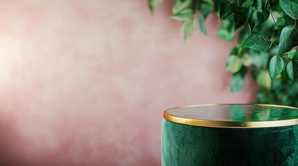 Elegant green and gold decorative vase on pink background