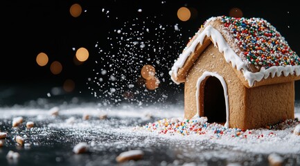 Wall Mural - Colorful gingerbread house with snow and bokeh lights