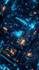 Wall Mural - complex electronic circuit board glowing in blue and orange light