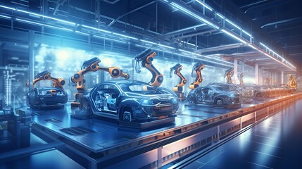 A futuristic automotive assembly line with robotic arms assembling cars in a high-tech environment.