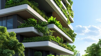 Sticker - A tall building with many plants on the outside of it, AI