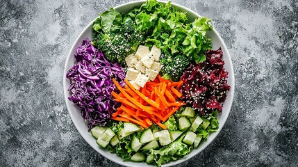 Poster -   A white bowl holds lots of veggies and tofu atop a grey counter, beside a knife