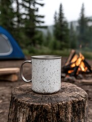 Wall Mural - Cozy camping scene with mug on log