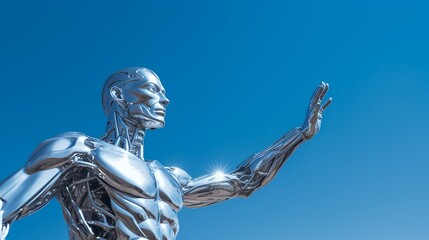 A futuristic chrome humanoid figure with an outstretched hand against a clear blue sky.