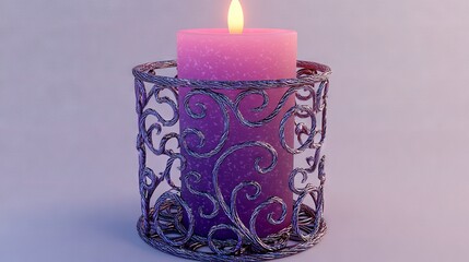 Poster -   A close-up of a lit candle in a metal holder adorned with intricate filigree designs