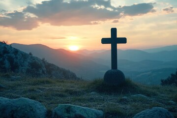 Easter and Good Friday concept, Empty tombstone with cross on mountain sunrise background with generative ai