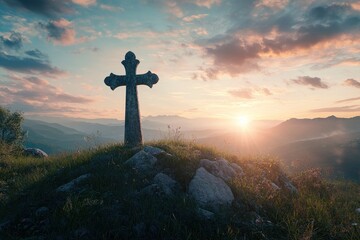 Easter and Good Friday concept, Empty tombstone with cross on mountain sunrise background with generative ai