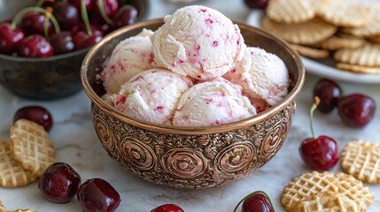 Canvas Print -   A bowl with ice cream, cherries, crackers, and a bowl full of cookies and cherries