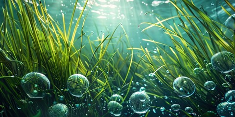 Wall Mural - tall underwater sea grass letting out oxygen bubbles 