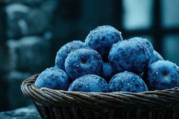 Wall Mural - Basket of fresh, juicy blueberries with water droplets