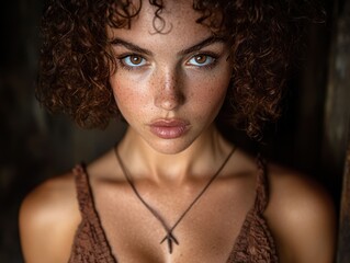 Wall Mural - Captivating portrait of a young woman with curly hair