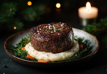 Wall Mural - Delicious steak dinner with mashed potatoes and vegetables