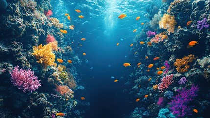 Sticker -   An underwater photograph showcasing diverse coral species and schools of fish amidst vibrant coral formations