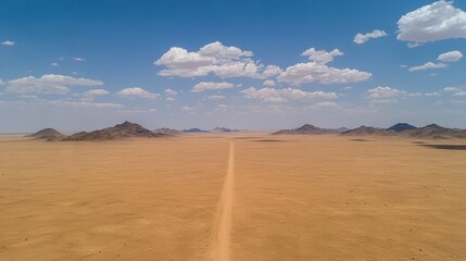 Poster -   A dirt road stretches through a barren desert, surrounded by towering mountains and a clear blue sky dotted with fluffy white clouds