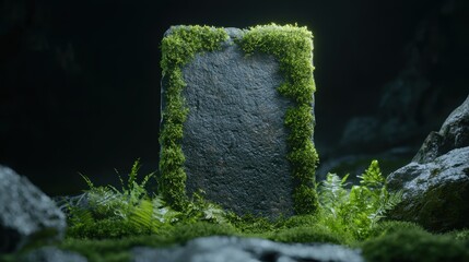 Wall Mural - Lush green moss-covered rock in a dark forest