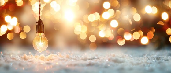 Wall Mural -  A light bulb suspended from a string against a backdrop of softly focused holiday lights and snow