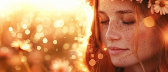 Wall Mural -  A girl with freckled hair and a flower in her head gazes downward with closed eyes