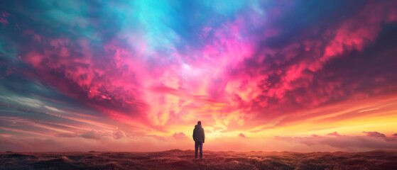 Wall Mural -  A man atop a grassy field gazes up at the cloud-studded pink, blue, and yellow sky