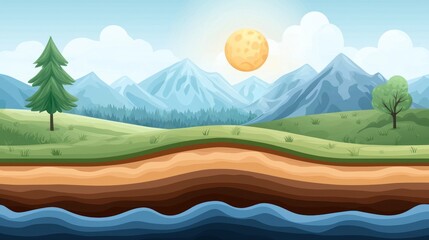 Wall Mural - A vibrant landscape featuring mountains, trees, and a shining sun over a serene river, perfect for nature-themed projects.