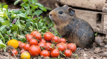 Wall Mural -   Close-up image of a rodent examining a stack of lettuce and tomatoes