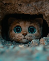 Canvas Print - curious cat peeking out from rock crevice