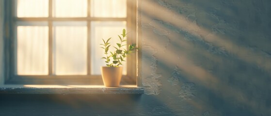 Canvas Print -  A potted plant on a sunlit window sill, bathed in sunlight streaming through the window