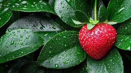 Sticker -   A zoomed-in view of a strawberry on a leafy branch, adorned with glistening water droplets