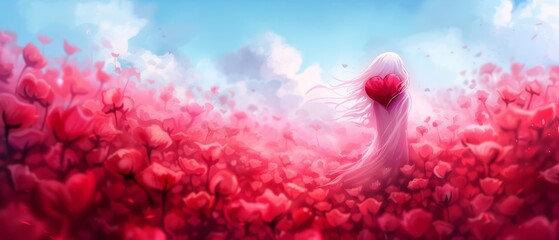 Poster -  A woman in a painting stands before a blooming flower field, her heart exposed, hair billowing in the wind