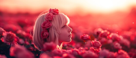 Wall Mural -  A woman holds a flower in her curled hair, standing amidst a field filled with pink blooms Sun rays illuminate the scene from behind