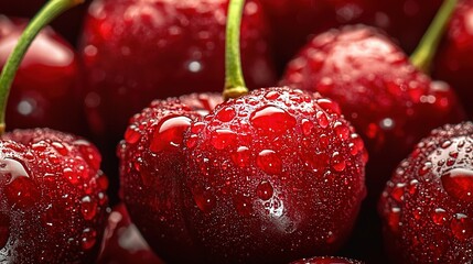 Poster -   Close-up photo of cherries with water droplets