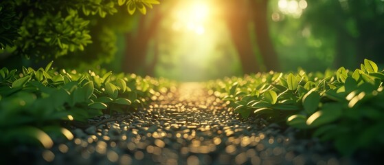 Poster -  A lush green forest path with sunlight filtering through the trees ahead