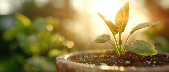 Sticker -  A tight shot of a potted plant with sunbeams filtering through its leafy crown