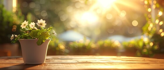 Sticker -  A tight shot of a potted plant on a table, sun rays filtering through the tree foliage behind